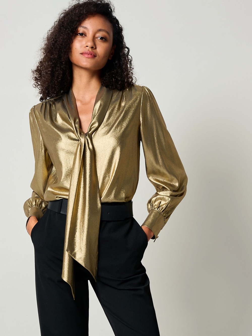 NWT LILYSILK LILYSHEENA Bronze Gold 100% Silk Bow Tie Blouse Size S